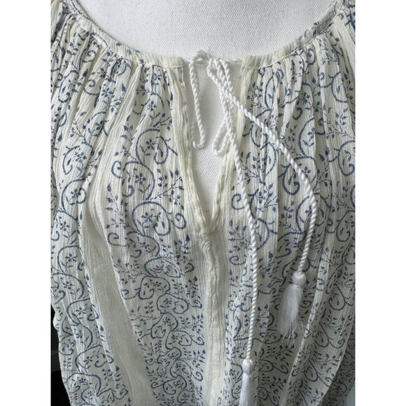 True Religion Womens Boho Top S Blue & White Trellis Print With Princess Seams - Picture 9 of 16